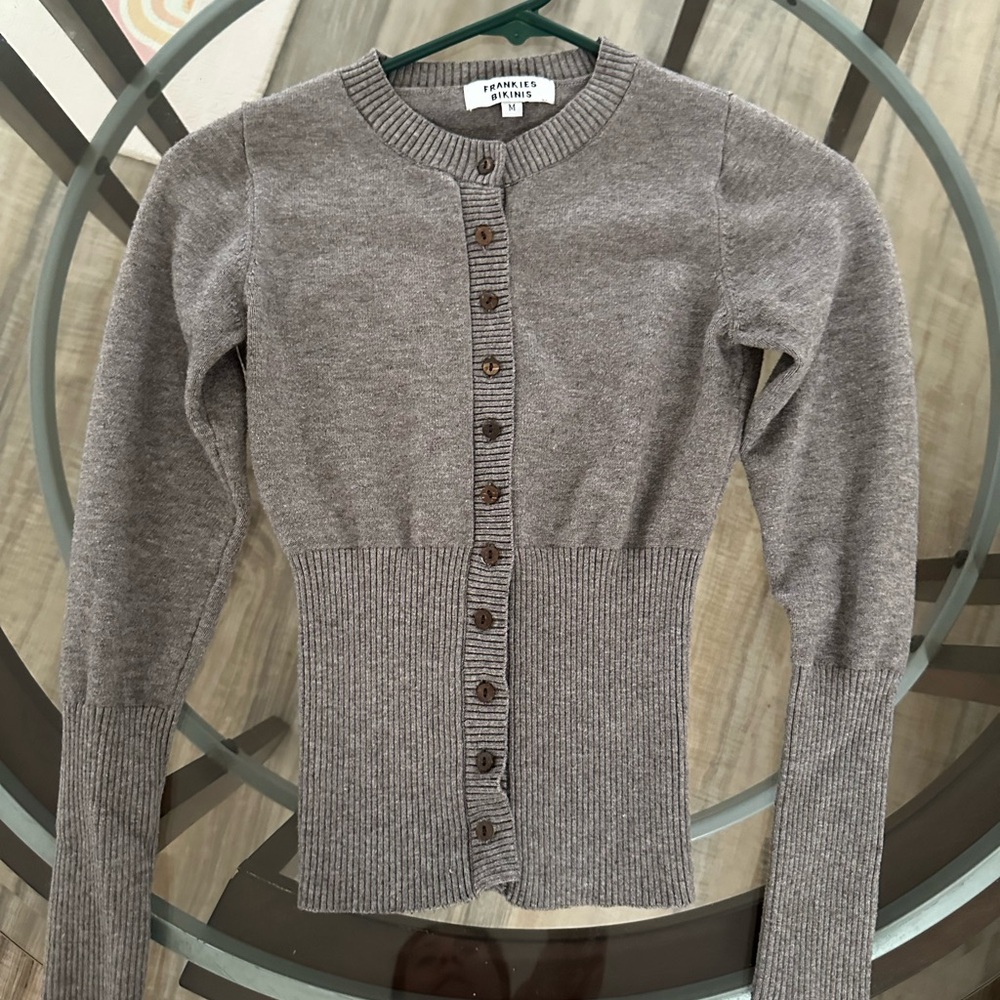 Frankie’s Bikinis Lenon Cloud Knit Button Up in Rain Cloud (grey)